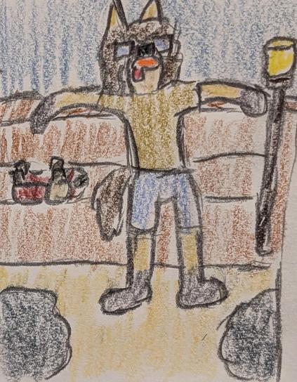 Color pencil drawing of Eli Norainu, an anthro dog man, my main OC, resting on the couch after cleaning up the living room and kitchen. He has a broom beside him and two bags of trash. Mr. Scruffles, a bantha plushie from Star Wars, lays on the couch next to Eli.