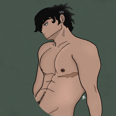 An art of Jotaro Kujo, character from "JoJo's Bizarre Adventure", in my style. He's looking to the left, with only the left side of his face visible. His torso is slightly turned to the same side, but you can see more of it. He's shirtless and without his usual cap. He has two mastectomy scars and a happy trail. The background is a slightly dark, neutral shade of green.