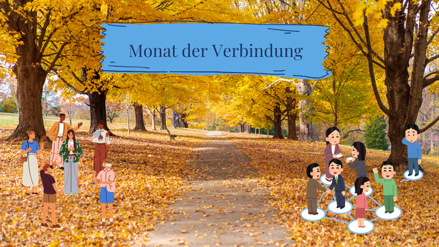 Bäume am Wegesrand, Herbstlaub an Bäumen und auf dem Boden. Zwei Comic Illustrationen mit Menschen, die verbunden sind. Text: Monat der Verbindung