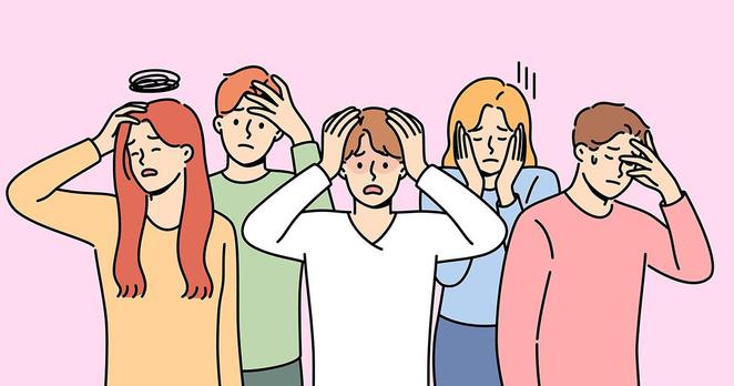Illustration de cinq personnes préoccupées et fatiguées, se tenant la tête ou le visage, symbolisant le poids de la critique intérieure et de l’autojugement.