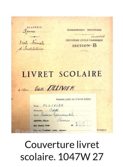 Couverture du livret scolaire d’Odette Ollivier / rentrée 1948 / cote 1047W27