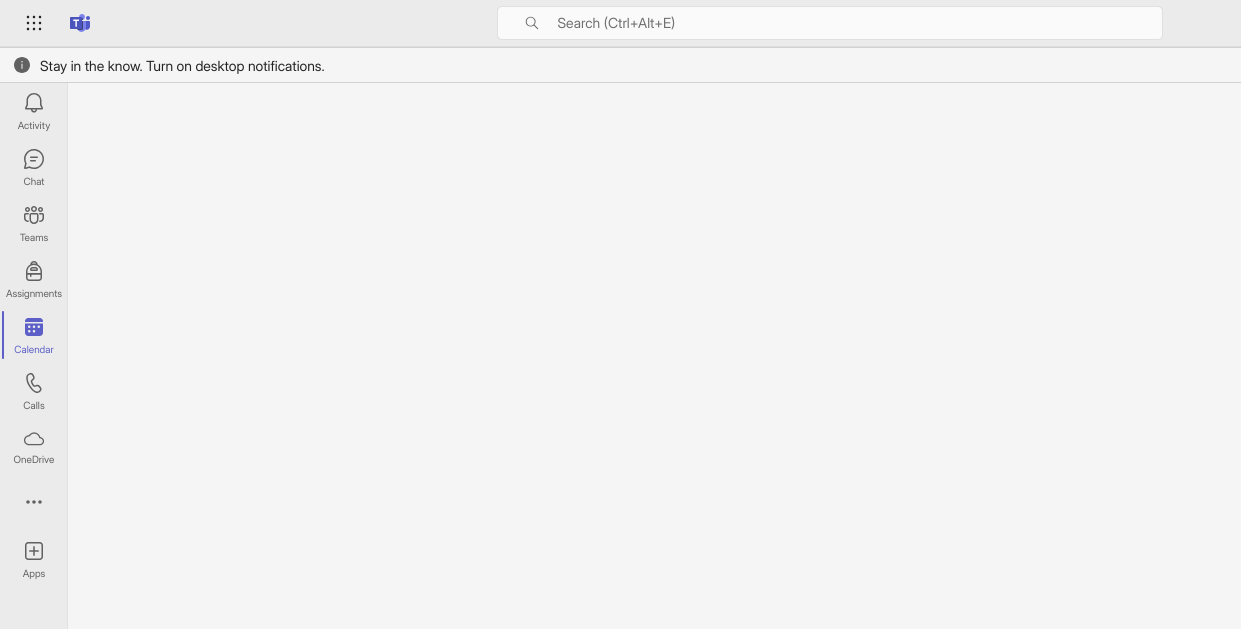 Screenshot of the top of a Microsoft Teams page. There are toolbars at the top and left, but the main content has failed to load, leaving only a blank expanse. At the top, a nag bar entreats the users to "Stay in the know. Turn on desktop notifications."