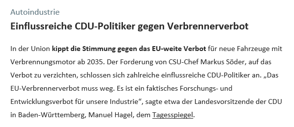 Screenshot eines Absatz des Tagesspiegel Background Klima & Energie vom 9.9.25 mit der Überschrift: Einflussreiche CDU-Politiker gegen Verbrennerverbot.