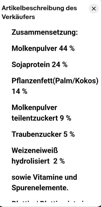 Zusammensetzung:

Molkenpulver 44%

Sojaprotein 24%

Pflanzenfett(Palm/Kokos) 14%

Molkenpulver teilentzuckert 9%

Traubenzucker 5%

Weizeneiweiß hydrolisiert 2%

sowie Vitamine und Spurenelemente.

Quelle Blattina Kälbermilch