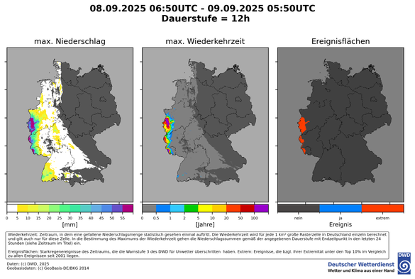 An den Post ist eine Abbildung mit drei Deutschlandkarten angehangen. Die linke Karte zeigt den maximalen Niederschlag an, die mittlere Karte die Wiederkehrzeiten, wobei die höchsten mit über 100 Jahren in Nordrhein-Westfalen, Rheinland-Pfalz und dem Saarland aufgetreten sind. Die rechte Karte zeigt die Regionen in Nordrhein-Westphalen, Rheinland-Pfalz und dem Saarland, in der die Warnstufe drei des DWDs für Starkregen überschritten wurde. Warnschwelle 3 bedeutet, es fallen in einer Stunde 25 bis 40 mm, bzw. in 6 Stunden fallen 35 bis 60 mm Niederschlag.