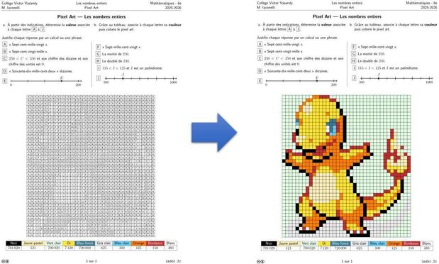 Fiche d'exercices de type pixel art non colorié à gauche puis colorier à droite sur les nombres entiers avec Salamèche.
