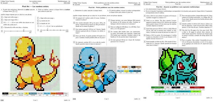 Les trois fiches d'exercices de mathématiques avec le pixel art de Salamèche, Carapuce et Bulbizarre.