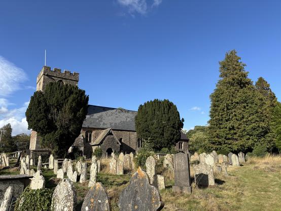 View of the church, partially hidden by big trees with gravestones in the foreground.