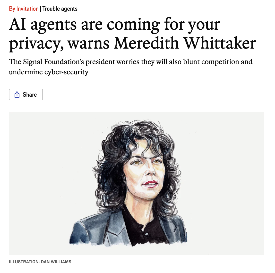 In the Economist, drawing of me with the headline :AI agents are coming from your privacy, Warns Meredith Whittaker"