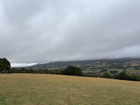Low hanging clouds over a field.