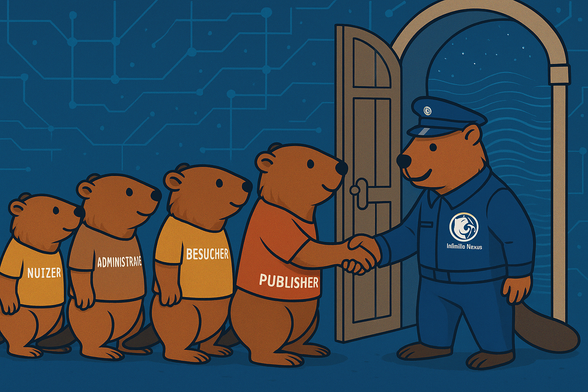 Illustration von Bibern in einer Schlange vor einem Tor. Ein Polizeibiber mit Infinito.Nexus-Logo auf der Uniform schüttelt dem ersten Biber mit der Aufschrift ‚Nutzer‘ die Hand. Dahinter warten weitere Biber mit den Rollen ‚Administrator‘, ‚Besucher‘ und ‚Publisher‘. Im Hintergrund ist ein digitaler Cyberspace mit blauen Schaltkreislinien dargestellt.