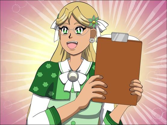 Olympia cheerfully holding up a clipboard of notes.