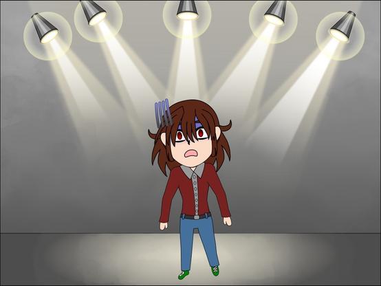 An illustration of Damien in a chibi style looking nervous as a row of stage lights shine their spotlights on him.
