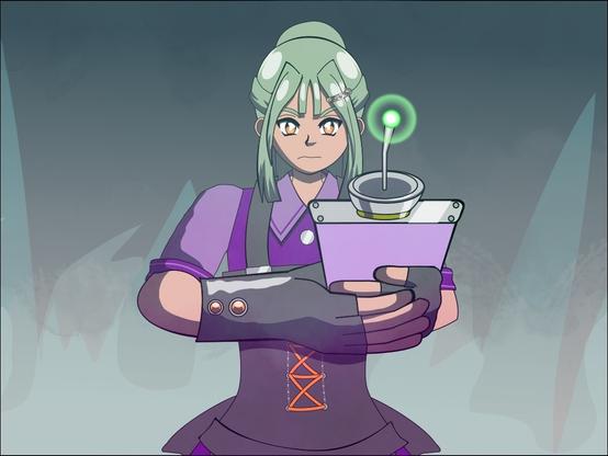 Ximena holding the ghost scanner. She has a serious expression on her face, and the scanner has a green light that is glowing at the top.