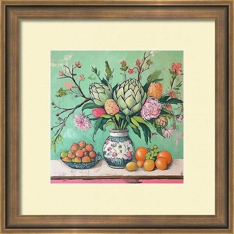 Fruity Floral Artichoke Delight I by Lisa S Baker. A striking arrangement of artichokes and blossoms is prominently displayed in a decorative vase. The composition is complemented by a variety of colorful fruits arranged on the table. The background features a soft green, enhancing the lively colors of the flowers.