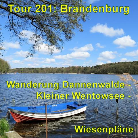 Ein blaues Ruderboot mit rotem Rand ist an das Ufer eines ruhigen Sees gebunden. Der Himmel ist blau mit vereinzelten Wolken, und im Hintergrund sieht man dichte Baumbestände. Über dem Wasser ragen Äste ins Bild.