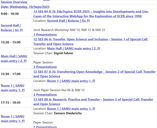 9:00 - 10:30	
12 SES 04 A JS: EduTopics: ECER 2025 – Insights into Developments and Use-Cases of the Interactive WebApp for the Exploration of ECER since 1998
Location: Second Hall | Kolarac | Gr. Fl
 
Joint Research Workshop NW 10, NW 12 & NW 22
1 Presentations

Second Hall | Kolarac | Gr. Fl
13:30 - 15:00	
12 SES 06 A: Transfer, Open Science and Inclusion - Session 1 of Special Call: Transfer and Open Science
Location: Main Hall | SANU main entry | 2. Fl
Session Chair: Sigrid Fahrer
 
Paper Session
3 Presentations

Main Hall | SANU main entry | 2. Fl
15:30 - 17:00	
12 SES 07 A JS: Transferring Open Knowledge - Session 2 of Special Call: Transfer and Open Science
Location: Room 1 | SANU main entry 1. Fl
 
Joint Paper Session Nw 06 & NW 12
3 Presentations

Room 1 | SANU main entry 1. Fl
17:15 - 18:45	
12 SES 08 A: Research, Practice and Transfer - Session 3 of Special Call: Transfer and Open Science
Location: Room 1 | SANU main entry 1. Fl
Session Chair: Tamara Diederichs
 
Paper Session
2 Presentations