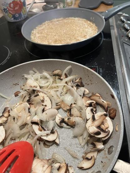 fried onions and mushrooms, with the risotto in the back with less water