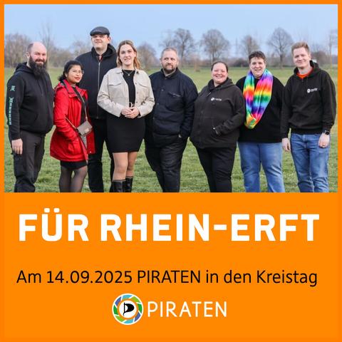 Bildtext: Für Rhein-Erft. Am 14.09.2025 PIRATEN in den Kreistag. Logo der PIRATEN Rhein-Erft.
Bild: Foto von acht der elf Kandidierenden auf der Kreisliste für Rhein-Erft.
