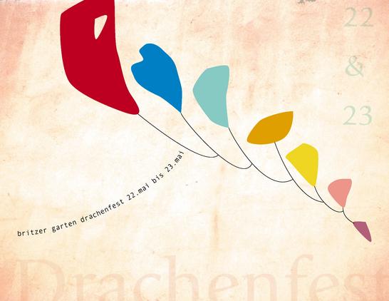 A Calder hanging mobile design of fluid shapes in different colors that are attached by lines (strings) from the largest red shape down to the smallest mauve shape. There are seven shapes all together. There is a curved line of text that represents the line which the kite flyer would be holding. The text says, " britzer garten drachenfest 22.mai bis 23.mai." (Britzer Garden Kite Festival May 22 until 23 May). The type is black, as are the lines connecting the kite shapes. There is a pale yellow and orange background that is like parchment paper. In faint lettering on the parchment paper is the festival information.