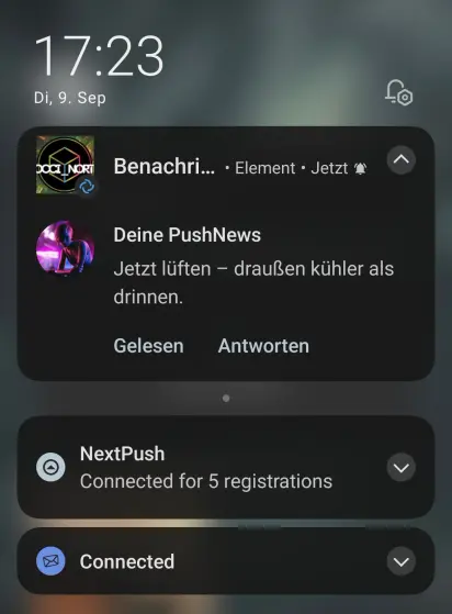 Screenshot vom Benachrichtigungsbildschirm meines Handys.

Der Matrix-Kanal meldet
"Jetzt lüften - draußen kühler als drinnen"

(Und NextCloud Unified Push lauscht auf 5 Kanälen - und auch Gotify ist verbunden)