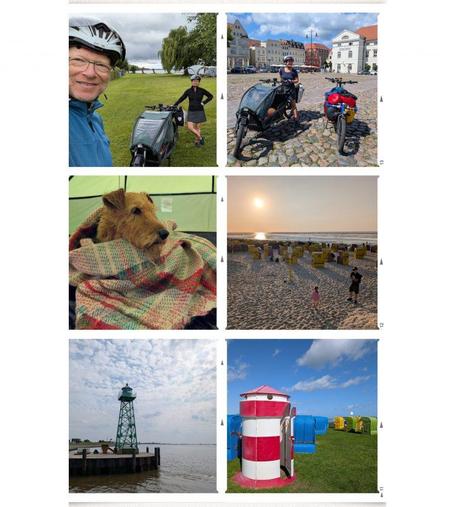 Collage mit sechs Fotos einer Radreise: Oben links ein Campingplatz mit zwei Personen und zwei beladenen Fahrrädern auf einer Wiese, daneben stehende Fahrräder mit Gepäck auf einem gepflasterten Platz zwischen historischen Gebäuden. In der mittleren Reihe links sitzt ein Hund in eine Decke gehüllt im Zelt, rechts Sonnenuntergang am Strand mit zahlreichen Strandkörben und Spaziergängern. Unten links ein grünes Leuchtfeuer an einem Pier über dem Wasser, unten rechts ein rot-weiß gestreiftes kleines Leuchtfeuer, welches als Umkleidekabine dient, neben bunten Strandkörben auf einer Wiese.