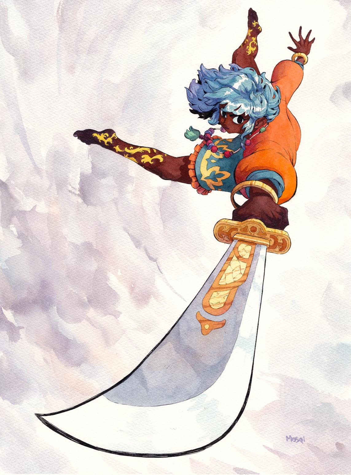 Blue haired black woman in an orange, blue and yellow outfit, in a dynamic pose, holding her sword with an exaggerated high angle effect.
