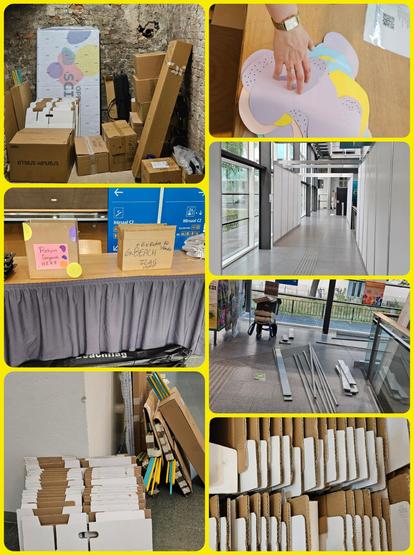 Collage of photos showing empty floors and boxes stowed away