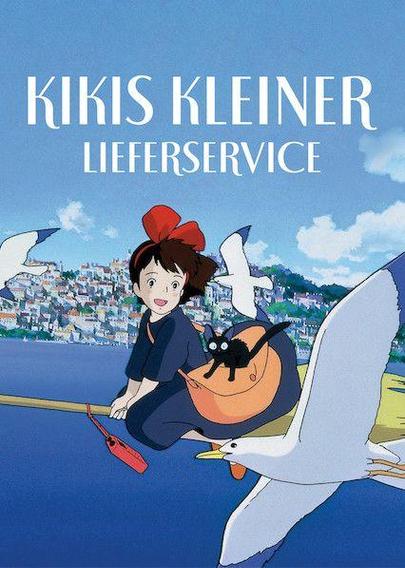 Werbebanner zu Kikis kleiner Lieferservice.
Dargestellt ist Kiki mit Gigi, fliegend auf ihrem Besen über das Meer umschwärmt von Möwen. Im Hintergrund ist die Stadt.