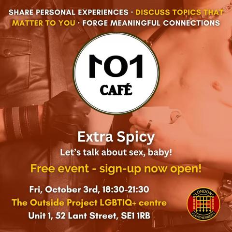 the event poster, with text repeating what is written in the post. the picture on the poster is two people in leather talking while holding mugs of tea.