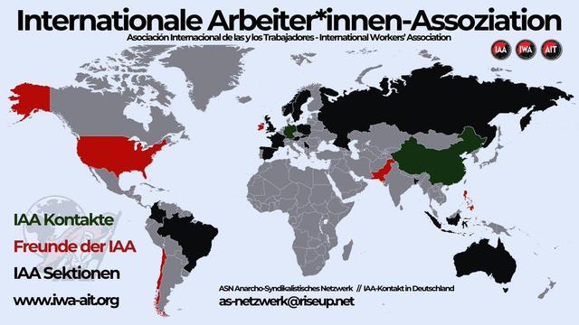 Weltkarte mit mehrfarbig markierten Ländern, in denen die Internationale Arbeiter*innrn- Assoziation (IAA) aktiv ist.
