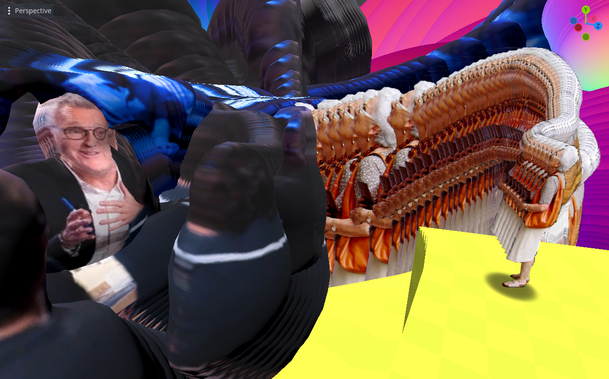 une image de mon projet Godot : laurent ruquier en 3D (à gauche) fait face à une mamy démultipliée (à droite). voilà ce qui se passe quand on efface pas son écran entre chaque frame !