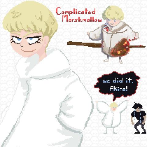 An emo blonde in a puffy white jacket is given a pixelart close-up, then shown at top right at a distance being toasted on a skewer like a marshmallow.  At bottom right they exclaim We did it, Akira!
