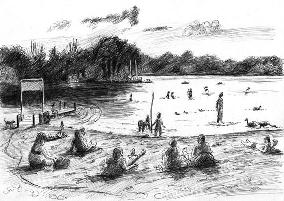 People near a sunlit lake.