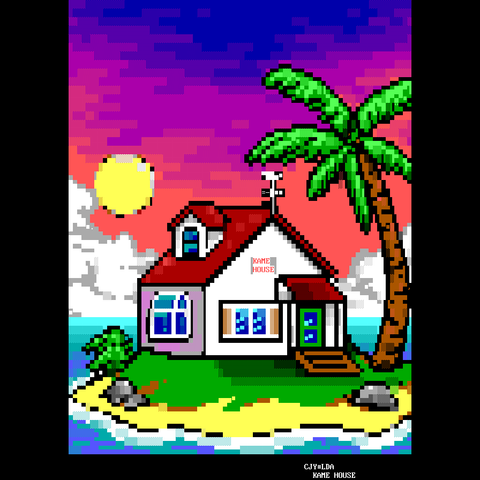 A little white two-story house sits on a tiny tropical island not much larger than it is, with a little weathervane atop the peak of its roof, shaded by an enormous palm tree. Behind it, the sun tints the sky incredible sunset hues as it prepares to sink beneath the calm waves.
