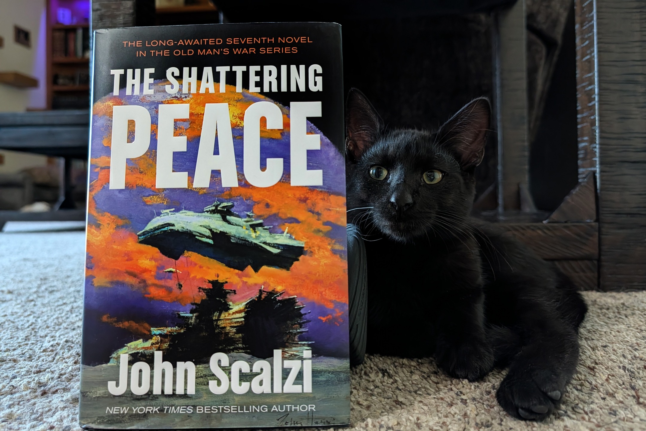 Saja the kitten posing heroically next to a copy of The Shattering Peace