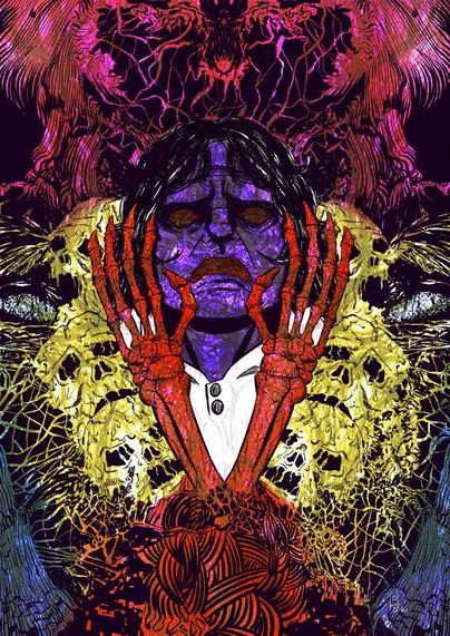 Ilustração psicodélica e sombria de uma figura humana de pele roxa e expressão aterrorizada. Seus olhos são avermelhados e vazados, com vermes no lugar dos globos oculares. A personagem veste uma camisa branca, há duas mãos esqueléticas que parece tentar agarrar seu rosto. Ao redor dela, crânios amarelos se mesclam a um emaranhado de teias orgânicas, enquanto formas monstruosas e cores vibrantes em vermelho, roxo, amarelo e azul criam uma atmosfera caótica e perturbadora em todo o resto.