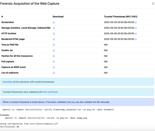 Lookyloo interface for web forensic acquisition.