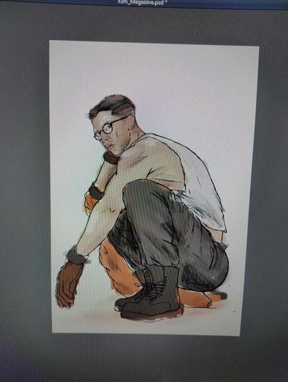 A digital sketch of an Asian man squatting, facing left. He is wearing glasses and a vest