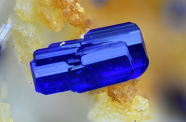 Image of an azure blue crystal of azurite. Location: Santa Lucia Mine, Andalusia, Spain. Image credit: Juanmi