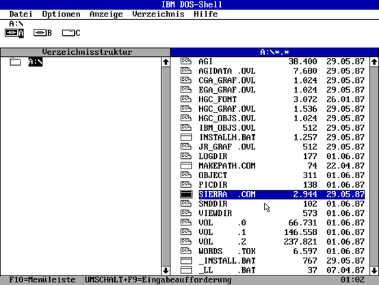 The content of the 1987 3.5 inch floppy disk for Larry Leisure Suit, presented using the IBM DOS-Shell 5.0.