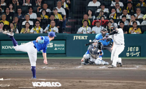 阪神対DeNA 7回裏阪神1死、三振に倒れる大山。投手ケイ（撮影・加藤哉）