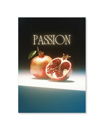A retro-inspired still life poster featuring two pomegranates, one whole and one cut open, beneath the glowing word “PASSION” in large retro-style typography.