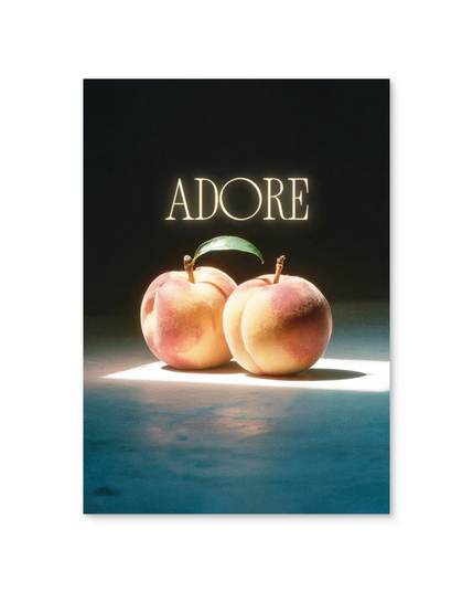 A retro-inspired still life poster featuring two peaches under soft glowing light with the word "ADORE" above them.