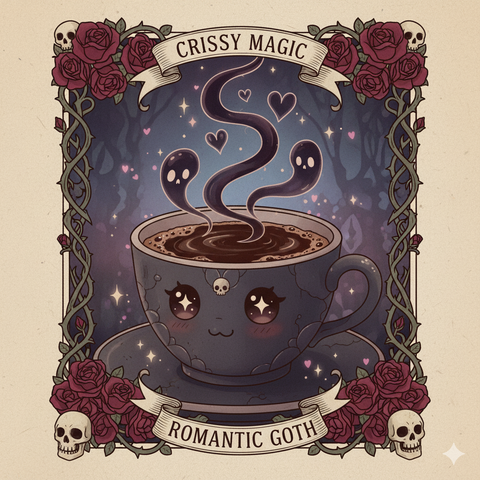 1n adorable, wide-eyed anime coffee cup with a subtle skull detail on its rim sits in a dark, enchanting forest setting. Wavy, dark steam rises from the coffee, transforming into small, happy-faced ghosts and floating hearts. The entire image is encircled by an ornate, dark burgundy rose and skull vine border. A top banner says 'CRISSY MAGIC' and a bottom banner declares 'ROMANTIC GOTH'