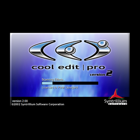 Cool Edit Pro version 2 splash screen from 2002. The design features a metallic, abstract logo of three stylized figures on a blue and purple gradient background. The text reads “cool edit pro version 2” with a progress bar below showing “Scanning Effects…” and the license name “Peter Quistgard.” At the bottom, it says “version 2.00 ©2002 Syntrillium Software Corporation” with the Syntrillium Software logo in the lower right corner.