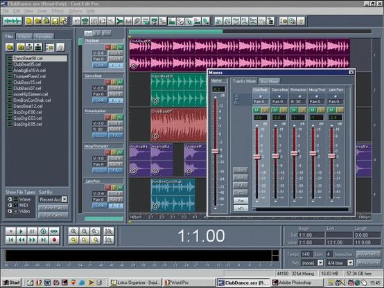 A screenshot of Cool Edit Pro, a classic digital audio workstation from the late 1990s and early 2000s, showing a multitrack session. Several colorful waveform tracks are arranged vertically in the timeline, including labeled parts like “ClubBeat,” “DanceBeat,” “Rickenbacker,” “Moog/Trumpets,” and “Latin Perc.” A floating “Mixers” window displays faders, pan controls, and volume meters for each track. On the left, a file browser lists various sound clips with green icons. The bottom of the interface shows transport controls, time display, tempo settings, and a timeline ruler.