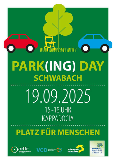 Park(ing) Day. Wir belegen drei Parkplätze nahe der Adler Apotheke und stellen Infotafel auf.