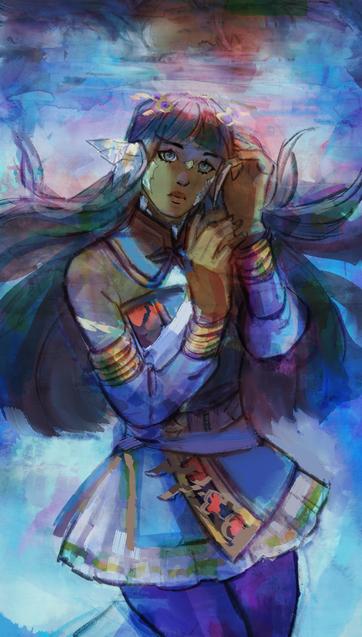 Ari-rasanpe underwater, stoic face, painted mainly with blue and green shades, with contrasting reds and yellows.