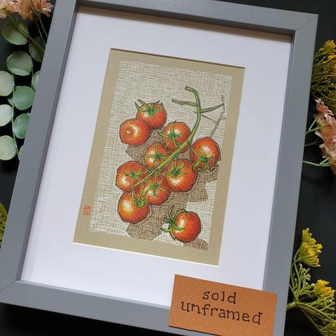 A small original drawing of red cherry tomatoes with a cross hatched background on white and brown ink. The drawing is on cool beige toned paper.
An original art work
Colour pencil and mixed media on acid free toned artist paper
5 by 7 inches (12.7 by 17.8 cm).
Sold unframed
